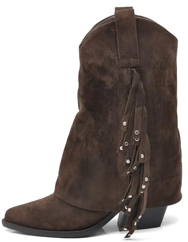 IF Stivali Texani Donna Western Boho, Ghetta con Frange e Borchie, Camoscio Sintetico Vegano, Punta Affusolata, Tacco Medio GA058 marrone N.39