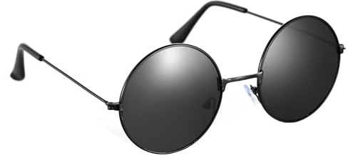 Komonee Lennon Style Round Sunglasses – Black Flat Lens Glasses Retro Vintage Hippy Tea Shades for Men & Women, Steampunk Fashion Eyeglasses, UV400 Protection Eye Wear