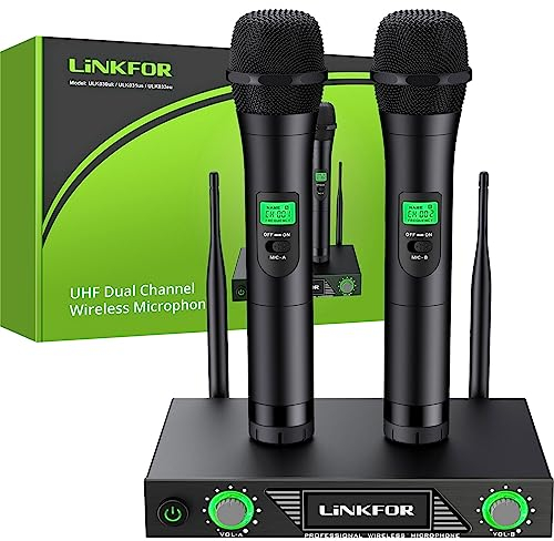 LiNKFOR Microphone sans Fil UHF Professionnel 2 Canaux - Écran LCD, Portée 60m, Alliage Métallique Karaoké, Mariage, DJ, Église