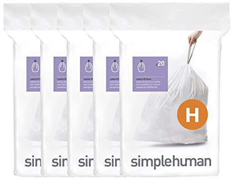 simplehuman Code H 100 Liners, 50% Recycled Custom Fit Bin Bags in Dispenser Packs with Durable Drawstring Tie Handle, 30-35L, White