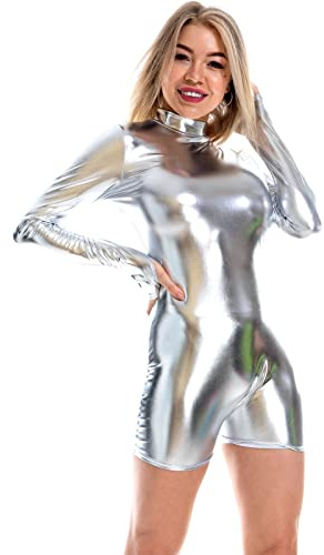 IBAKOM Femmes En Cuir Brillant Col Roul� Manches Longues Ballet Gymnastique Justaucorps Body Shorts Combinaison Rave Party Clubwear Costume Argent� M