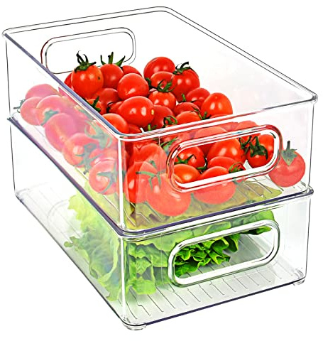 Herrfilk Kühlschrank Organizer 2er Set, Durchsichtig Stapelbare Aufbewahrungsbox mit Griff, Tidy Fridge Organizer Set, Kühlschrankbox Set für Küchen, Küchenschrank, Schränke -BPA Frei, Mittel