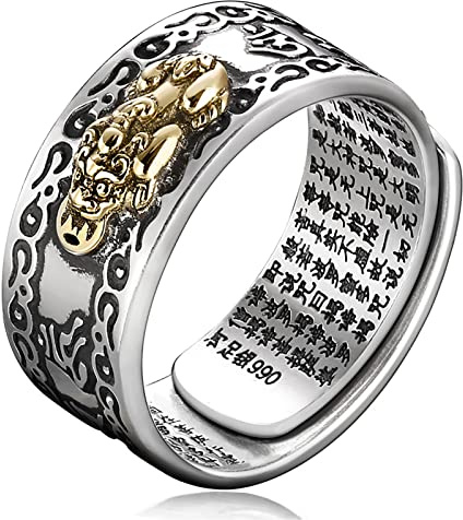 Kucheed Anillo Feng Shui PiXiu Mantra, Anillos de Dedo de Buena Suerte Budistas de Plata,Joyería MANI Amulet Mantra,Banda de Protección Riqueza Amor Salud,Regalo de Anillos Ajustable Abiertos