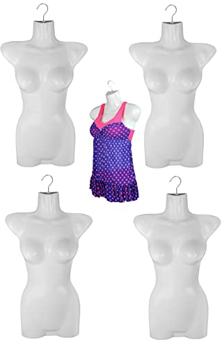 Lot de 5 torse féminin - 70 cm - Torse pour femme en plastique - Haut du corps semi-plastique de couleur blanche - Buste mannequin - Demi-coque - Forme de buste - Mannequin de vitrine avec crochet - 5