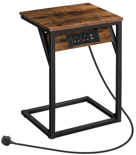 HOOBRO C Shaped Side Table, Sofa Side Table with Charging Station, 2 Plug Sockets and 2 USB Ports, Narrow Bedside Table for Small Spaces, Laptop Table for Sofa, Rustic Brown and Black EBF06KSF01