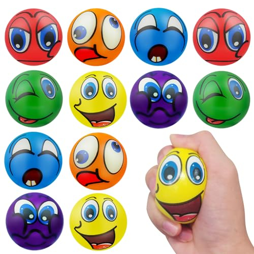 12 Stück Stressbälle, Schaumstoffball, Antistressball, Knautschball, Wutball für Kinder, Fußball Stressbälle, Lustige Gesichter Softball, Anti Stress Spielzeug für Kinder und Erwachsene