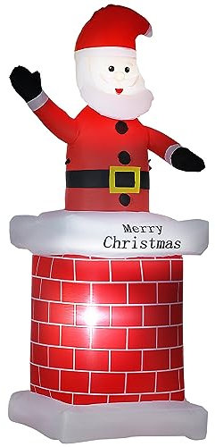 HOMCOM aufblasbarer Weihnachtsdeko, 2,10 m Weihnachtsmann mit Schornstein, Gartendeko, LED-Beleuchtung, Selbstaufblasende Weihnachtsbeleuchtung für Innen- und Außenbereich