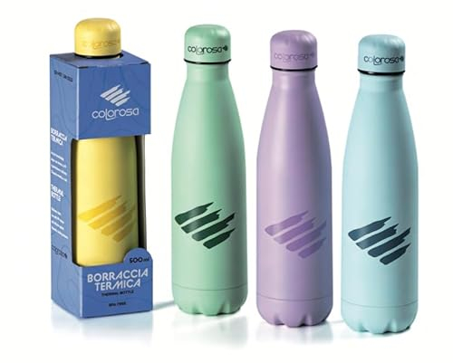 colorosa Borraccia termica in acciaio inox 500ml - chiusura ermetica - Mantiene caldo 12 ore/freddo 24 PASTEL colore tinta unita (Verde Pastello)