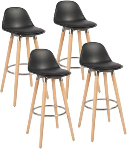 Box and beyond - Lot de 4 Tabourets de Bar - Hauteur 91 cm - Bois, Métal et Plastique Noir - Repose-Pieds - Cuisine, Salon, Salle à Manger, Ilot de Cuisine, Bar - Style Moderne et Contemporain
