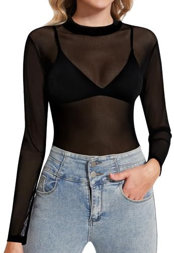 Kiiwah Femme Hauts Transparents T-Shirt à Manches Longues Top en Maille Sexy Blouse Sheer Mesh Elégant Noir Haut en Maille Clubwear Tops en Filet à Mailles pour Soirée Club-Haut Collier
