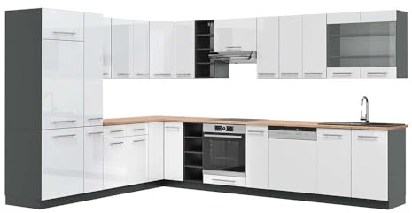 Vicco Eckküche Fame-Line, Weiß Hochglanz/Anthrazit, 347 x 60 cm, AP Eiche, für Flexible Küchenplanung und modulare Erweiterung