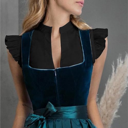 Dirndl Blouse Women's Black White Dirndl Blouse Women's Short Sleeve Costume Blouse Women's Cotton Dirndl Blouses High Closed Costume Fashion Costume Blouses Bavarian Costume Shirt Oktoberfest