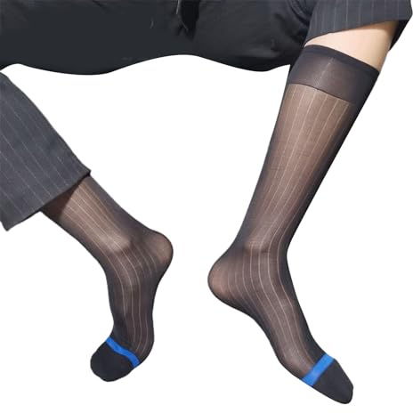 NIHENHAO Mens Nylon Sheer Suit Sock Business Dress Socks High Elastic Striped See Through Thin Formal Dress Tube Stockings