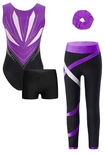 JEATHA Gymnastikdräkt för flickor, gymnastikdräkt för barn, strass, dansbody, balettbody med shorts, leggings, hårband 4 delar, gymnastik, danskläder, balettdräkt