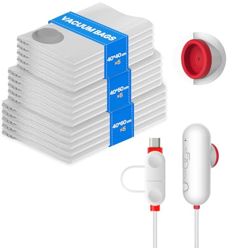 Vacbird Bolsas de vacío para ropa con bomba eléctrica USB, 15 unidades (5 x 40 x 40 cm/5 x 40 x 50 cm/5 x 40 x 60 cm), bolsas al vacío reutilizables para viaje, ropa y mochila, básicos de viaje