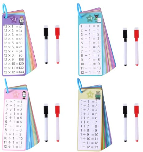 4 Pack/60pcs Multi Math Time Table Flash Cards, Include 8 Markers & 4 Binder Rings Subtraction Multiplication Division Flashcards Math Learning Tools for Beginners Kids