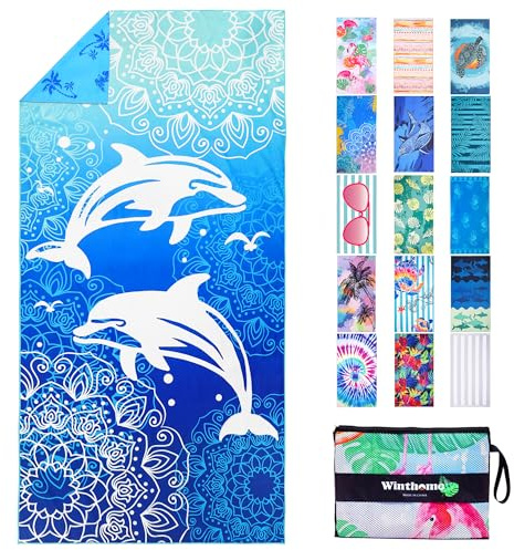 Winthome Serviette de Plage à Impression Écologique Recto Verso sans Eau, Drap de Plage Microfibre à Séchage Rapide, Légère, Anti-Sable, pour Plage, Piscine, Camping, avec Sac, Oeko(180x90cm,1 Pièce)