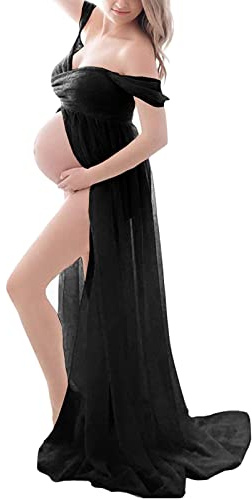 Foweknow Robe de maternité pour femme enceinte, séance photo, épaules dénudées, robe de grossesse, couleur unie, robe de maternité, robe de mariée, robe de soirée élégante, Noir , L
