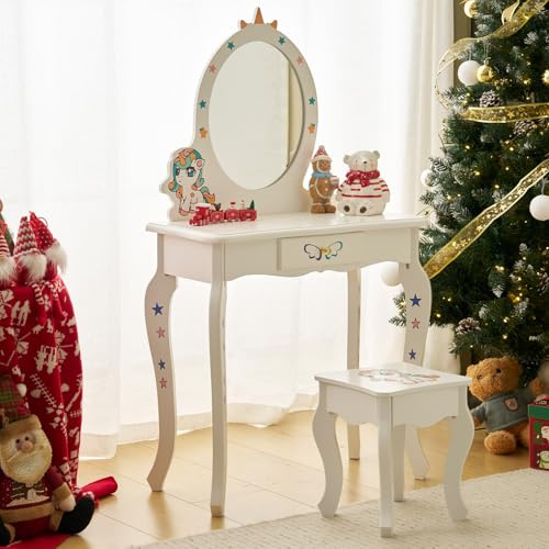 LEADZM Coiffeuse pour Enfants avec Miroir à Trois Volets, Coiffeuse Fille avecTabouret (Blanc)
