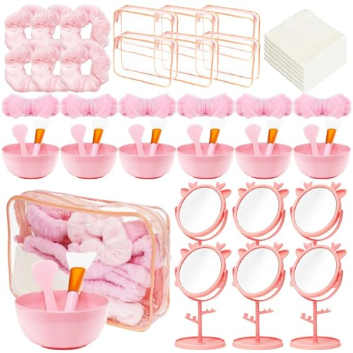 Lot de 48 Accessoires Spa Roses pour 6 Personnes, Coffret Beauté Femme | Bols, pinceaux, spatules, miroirs, trousses, bandeaux, chouchous et serviettes pour soirée pyjama, anniversaire et détente