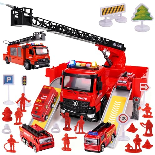 LESSETI Fire Truck Toy with Water-Spraying, Lights & Sirens for Kids, Includes Large Parking Garage, 4 Mini Vehicles, Launching Tracks, Action Figures & Traffic Signs