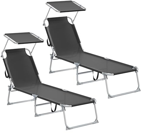SONGMICS Lot de 2 chaises Longues Pliantes, 189 x 53 x 28,5 cm, Charge 110 kg, avec Pare-Soleil et Dossier réglables, pour terrasse et Balcon, Noir GCB294BZ02