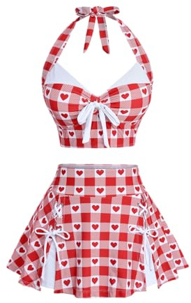 ROSE GAL Women Plus Size Retro Vintage Bikini Cute Gingham Heart Print Two Piece Swimsuit with Skirt Halter Lace-up Tummy Control Bathing Suit(Red/3X)