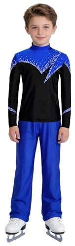 Nyeemya Eiskunstlaufanzug Kostüm Kinder Junge Mädchen Langarm Rollkunstlauf Oberteil Strass Glitzer Tanzhemd High Waist Tanzhose Turnhose Gymnastik Trainingsanzug Königsblau 134-140