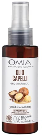 Omia, Olio Capelli Eco Bio con Olio di Macadamia, Per Capelli Danneggiati, Azione Riparatrice e Ristrutturante, Senza Siliconi, Dermatologicamente Testato - Flacone da 100 ml