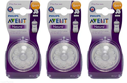 Flaschensauger von Avent, natürliche Sauger mit 4 Löchern, schneller Durchfluss, geeignet ab 6 Monaten, 3 Packungen mit 2 Stück