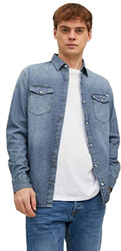 JACK & JONES Jjesheridan Shirt L/s, Camisa vaquera Hombre, Azul (Medium Blue Denim Fit: Slim), Large