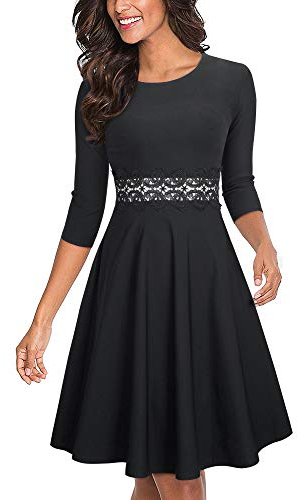HOMEYEE Damen Vintage Rundhalsausschnitt Blumen Bestickt knielangen Cocktailkleid UKA079 (S, Schwarz - Stoff B)