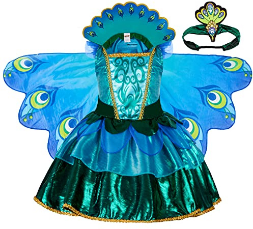 Spooktacular Creations Påfågel klänning med fjädervingar och pannband för flickor halloweenkostym och djurdräkter för barn (S ( 5–7 år))