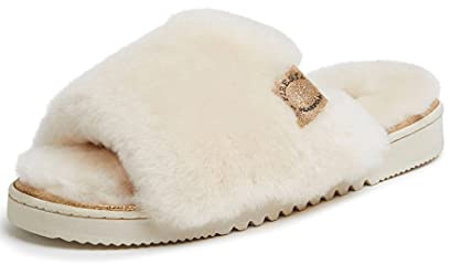 Dearfoams womens Fireside By Dearfoams Cairns Shearling Slide With Metallic Trim Slipper, Natural, 8 US