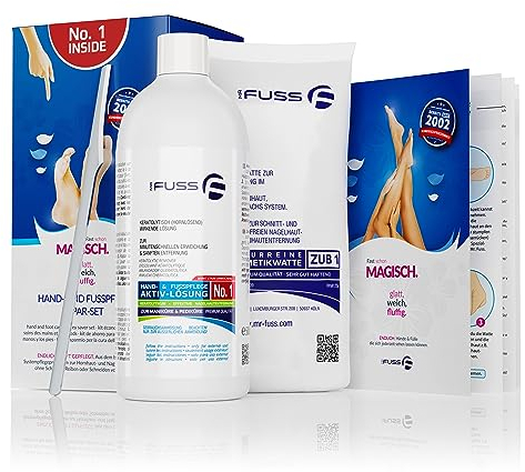 Mr. Fuss® No. 1 - Plus Pack Steel - Groß, Nagelhaut- Hornhautentferner Sparpaket 3 tlg. Aktiv-Lösung Schnell & Stark erweichend - 500 ml, Watte, Edelstahl-Schaber