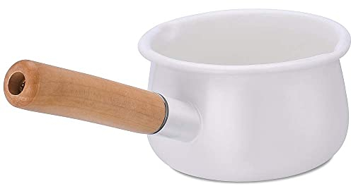Panque de sauce émaillée avec dual Verser Beil Pan Enamel Beurre en émail avec poignée en bois Pot pratique (blanc)
