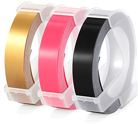 Aken Kompatibel mit Dymo Prägeband 9mm - als Ersatz für Dymo 3D Prägegerät Band Kunststoff 9mm, Weiß auf Schwarz/Gold/Rosa, Embossing Selbstklebend Band für Dymo Junior Omega Etikettenprägegerät