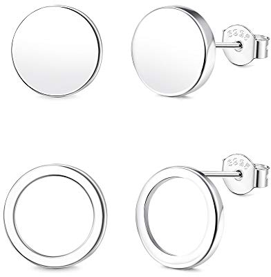 Adramata 925 Silber Runde Ohrstecker Für Damen Männer, 10 mm Kreis Ohrringe, 8 mm Flache Runde Ohrringe Ziemlich Kleine Einfache Ohrstecker Sterling Silber Mit Geschenkbox (2 Paare mit Box)