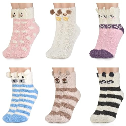 colornival 6 Paia Calzini Natalizi Calze Donna Invernali, Morbide Soffici Termiche Calzini Pile di Corallo Pantofola - Calzettoni Caldi da Pavimento per Casa e Letto