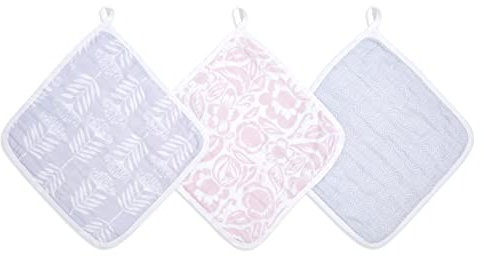 aden + anais Essentials Washcloth - Pack of 3, Damsel | 100% Cotton Muslin, Bath & Shower Flannel for Babies | Unisex Gift Set for a Baby Shower | Wash Essentials for Newborns
