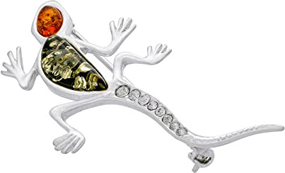 AMBEDORA Women’s Lizard Brooch with Amber and Cubic Zirconia, Polished Sterling Silver, Baltic Amber in Two Colours