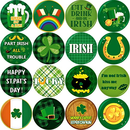 48 Pcs St Patrick's Day Mini Buttons Pins Shamrock Irish Green Badges St. Patrick's Day Decoration Lucky Gold Beer for Party Favor Supplies, 16 Patterns