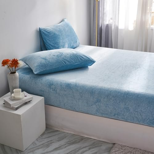 Luofanfei Spannbettlaken Fleece 120x200 Winter Flauschig Warm Flanell Frottee Hellblau Blau Plüsch Kuschelige Bettlaken Spannbetttuch Cashmere Touch Leintuch für Boxspringbett Steghöhe 30