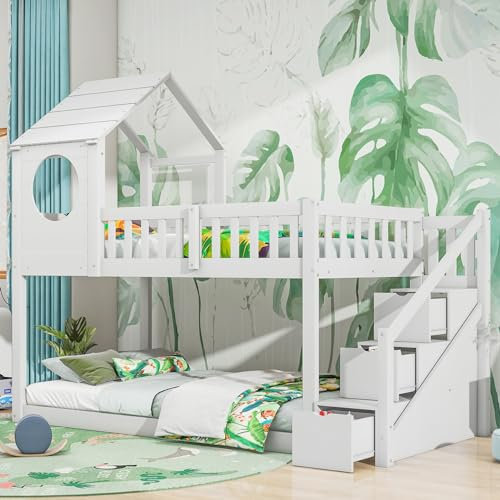 LTGB Bunk Bed for Kids, Wood House Bunk Bed 90 * 190 cm, Cabin Bed Frame, Wooden Bunk Bed Frame with Ladder and Storage Space Drawers, Idea for Any Room