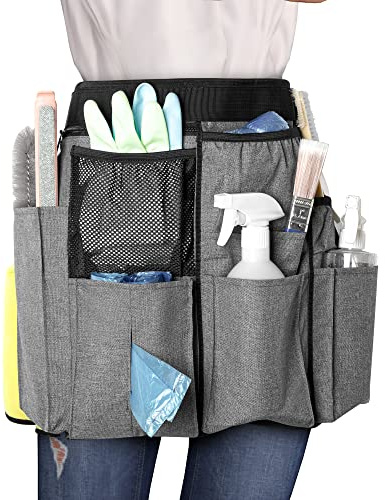 LoDrid Grembiule per pulizie con 9 tasche, borsa per la pulizia professionale con cintura regolabile in vita, grembiule per la pulizia resistente all'acqua, grembiule per lavoro, grigio