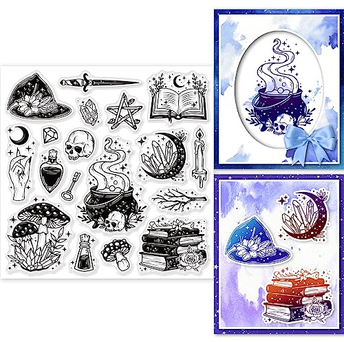 GLOBLELAND Magic Elements Clear Stamps for DIY Scrapbooking Witch Book Hat Silicone Clear Stamp Seals 15x15cm Transparent Stamps for Cards Making Photo Album Journal Home Decoration
