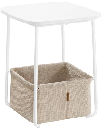 VASAGLE Beistelltisch quadratisch, Kleiner Tisch, Couchtisch klein, Wohnzimmertisch, Korb aus Stoff, Stauraum für Wohnzimmer Schlafzimmer, Nachttisch modern, mattweiß-Kamelbraun LET229W10