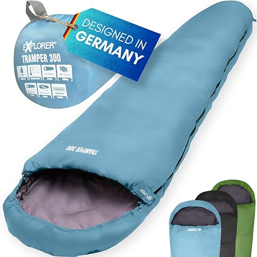 EXPLORER® Tramper 300 Schlafsack Blau -16°C +13°C [300g/m²] 3 Jahreszeiten Leichter Mumienschlafsack für Erwachsene[1500g] 230x80x55cm kombinierbar für Outdoor, Camping, Trekking und Reisen