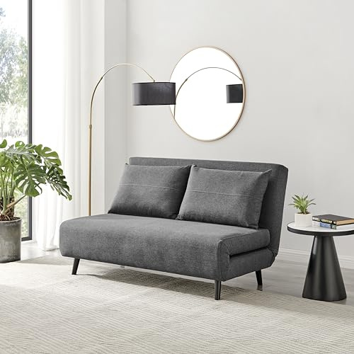 Furniturebox UK Sofa Bed - 'Bobby' Dark Grey Fabric 2 Seat Sofa Unfolds Into Double- Compact Style Traditional Futon Inspiration - Fold Out Bed Guest Bed Living Room Bedroom Guest Furniture