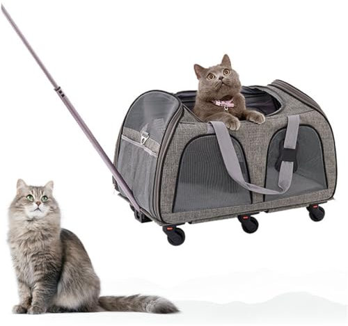 Hundetrolley bis 15 Kg Transportbox Katze Transporttasche for Tiere 2 in 1 Rucksack und Trolley, Katzentransportbox Hundewagen mit Abnehmbaren Räder Fhundebox Kleine Hunde